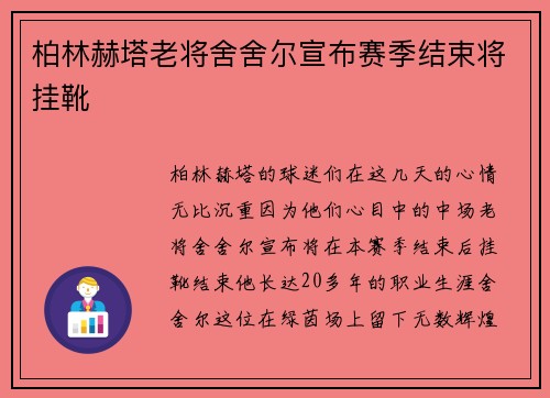 柏林赫塔老将舍舍尔宣布赛季结束将挂靴