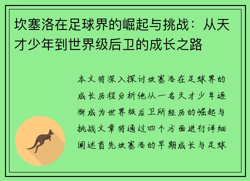 坎塞洛在足球界的崛起与挑战：从天才少年到世界级后卫的成长之路